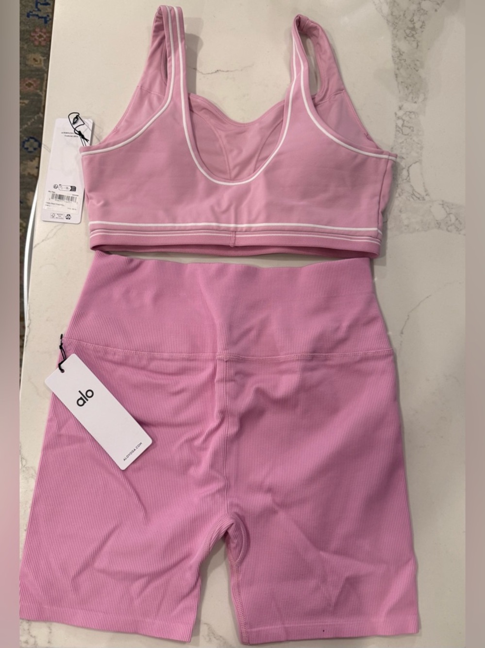 Alo Pink Ribbed Sports Bra & Bike Shorts Set and Candy heart pink - Picture 4 of 4
